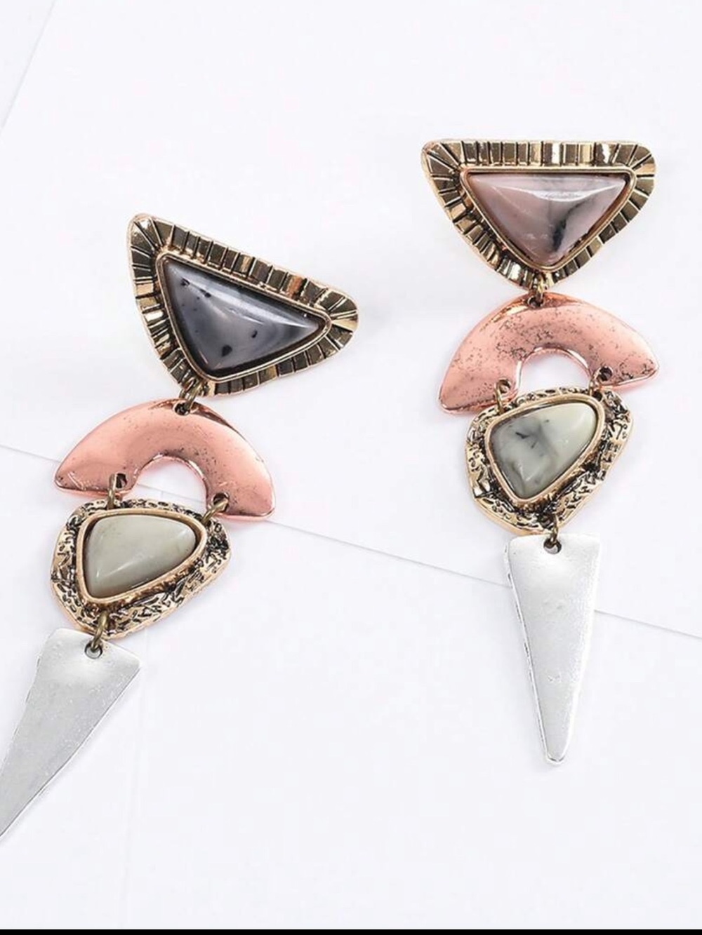 Gold-Tone Multi-Shape Drop Earrings with Pink and Blue Accents